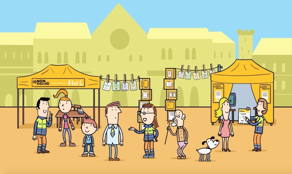 Grafica di personale della Protezione Civile che parla con cittadini.