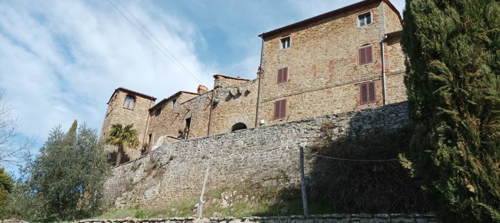 Veduar dal basso in alto di mura di cinta e palazzo.